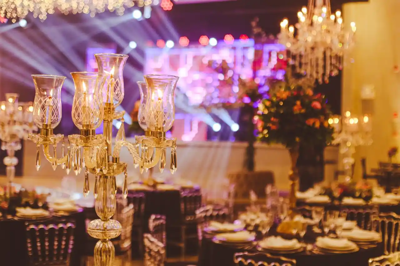 Crystal chandeliers in ballroom